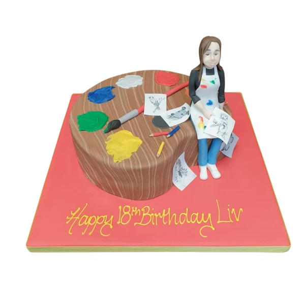 Bespoke celebration cake shaped like an artist’s palette with colorful edible paint blobs in Solihull, West Midlands.