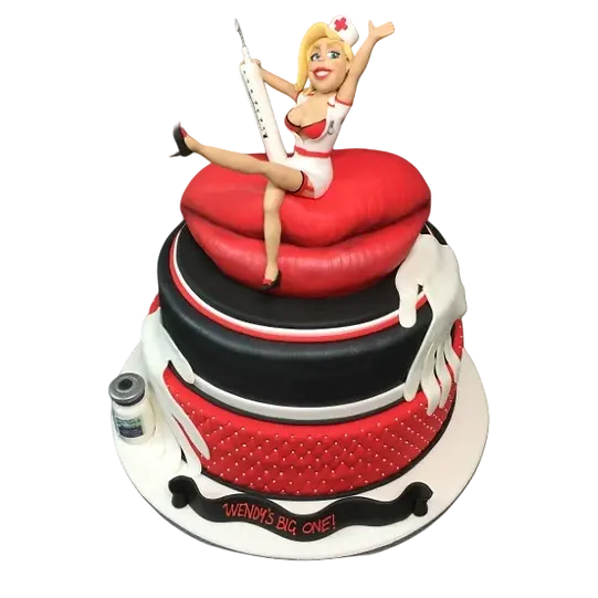 Bespoke cosmetic procedure cake with lips and saucy nurse decoration, crafted in Solihull, West Midlands.
