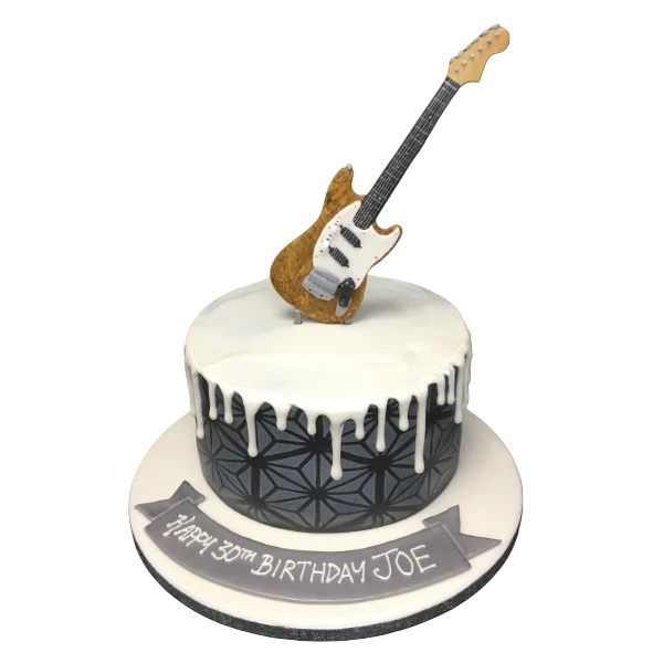 Bespoke Geo with Guitar cake featuring geometric patterns and a guitar topper, crafted in Solihull, West Midlands.