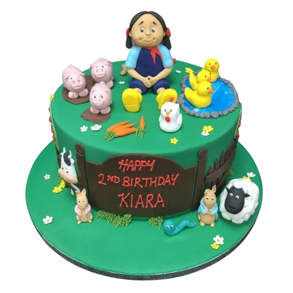 Adorable little farmer girl themed cake with fondant decorations and vibrant colors, perfect for a birthday celebration.