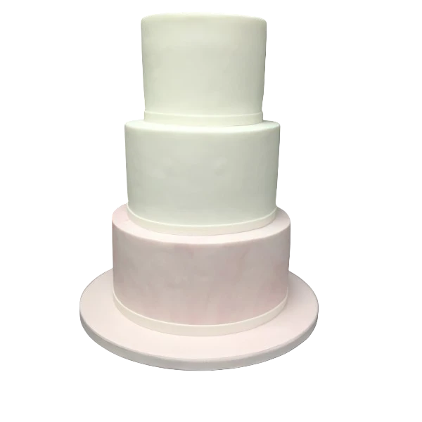 Three-tier wedding cake with white and pastel pink sugar paste design.