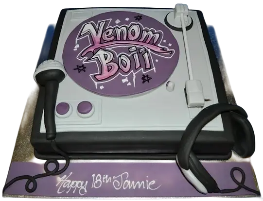 Bespoke DJ decks cake with detailed turntables and mixer design, crafted for celebration in Solihull, West Midlands.