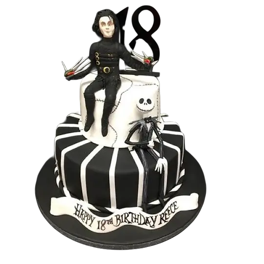 Bespoke cake featuring detailed Edward Scissorhands and Jack Skellington figures, crafted in Solihull, West Midlands.
