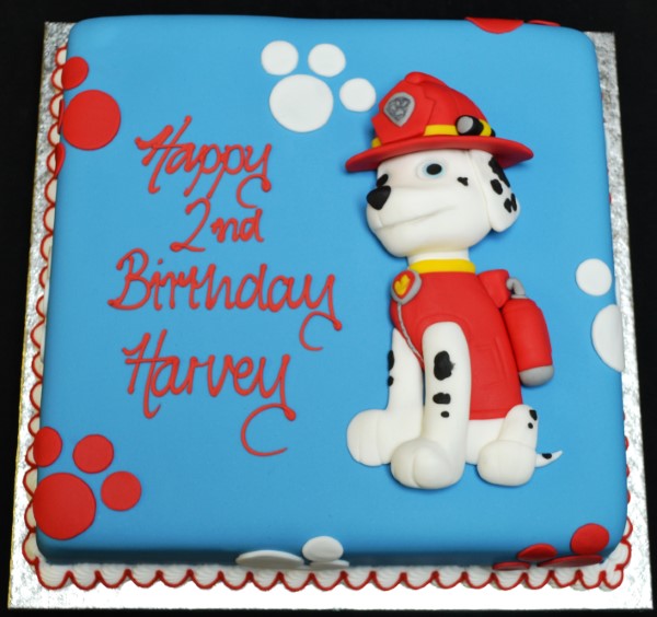 Bespoke PAW PATROL 2D Marshal cake with vibrant colors on a square base, crafted in Solihull, West Midlands.