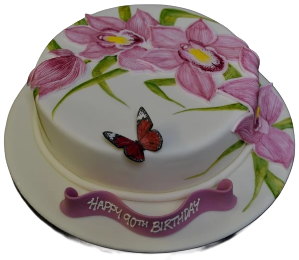 Beautiful hand-painted orchid design on a cake with a delicate butterfly decoration, perfect for special occasions and celebrations.