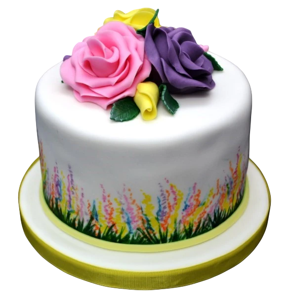 Beautifully decorated floral cake with intricate hand-painted flowers and delicate roses, perfect for special occasions.