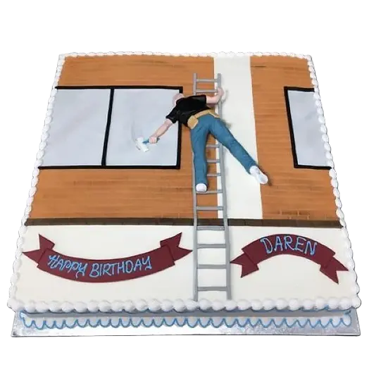 Bespoke window cleaner celebration cake in Solihull, West Midlands featuring a detailed figurine with squeegee and bucket.