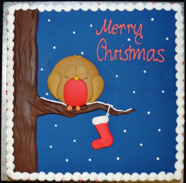 Bespoke Robin Christmas cake with fondant robin and holly decorations in Solihull, West Midlands.