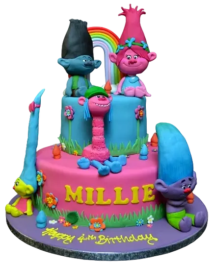 Bespoke Deep Trolls Duo cake with vibrant character toppers and colorful icing, crafted in Solihull, West Midlands.