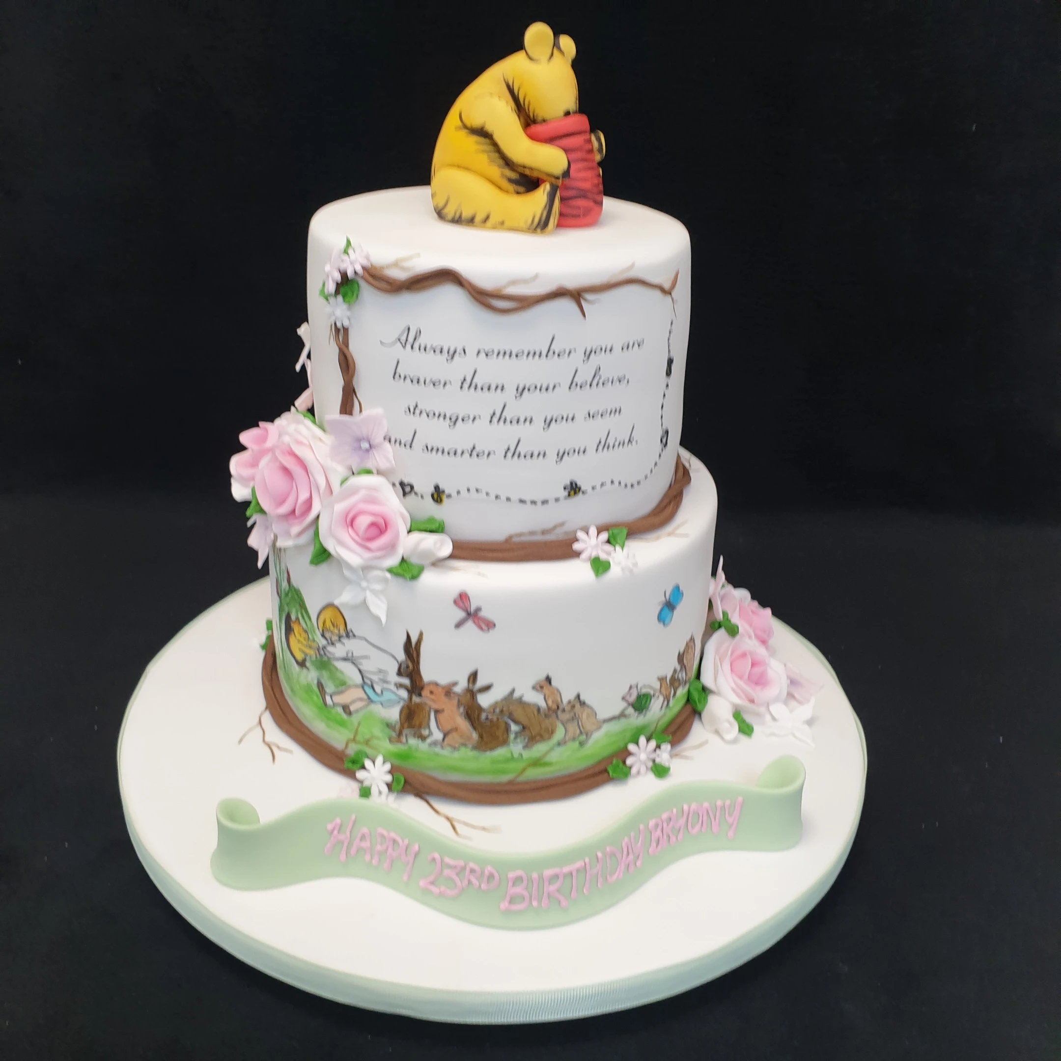 Bespoke Winnie the Pooh celebration cake with hand-painted AA Milne style art, Solihull, West Midlands.