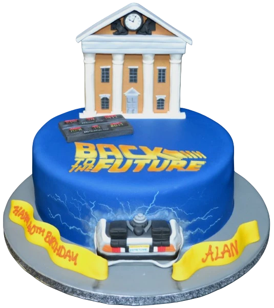Round bespoke cake featuring a Back To The Future theme with clock and DeLorean details in Solihull, West Midlands.