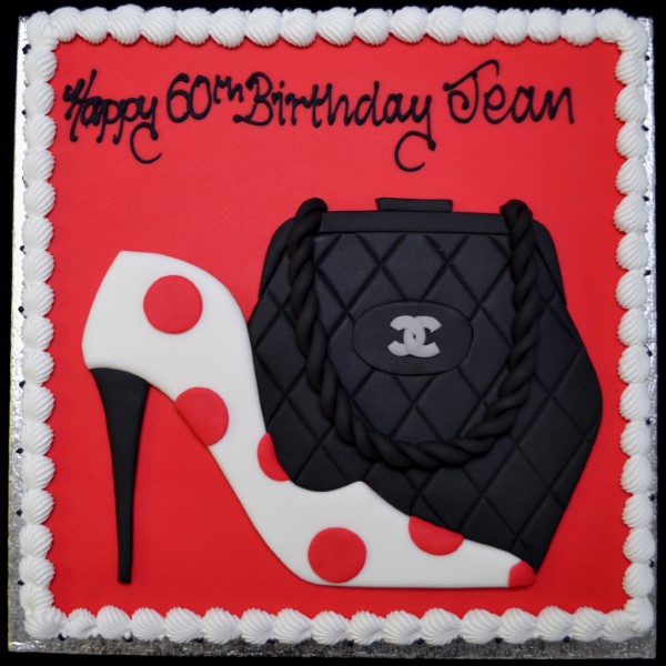 Stylish cake inspired by Chanel handbag and shoe design, perfect for fashion enthusiasts. Ideal for chic celebrations and luxury themed events in UK.