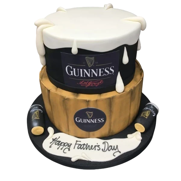 Bespoke Guinness celebration cake with dark glossy finish and intricate piping, crafted in Solihull, West Midlands.