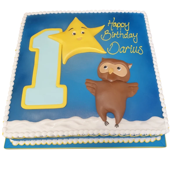 Bespoke Twinkle Twinkle Little Star cake with gold stars and moon decorations in Solihull, West Midlands.