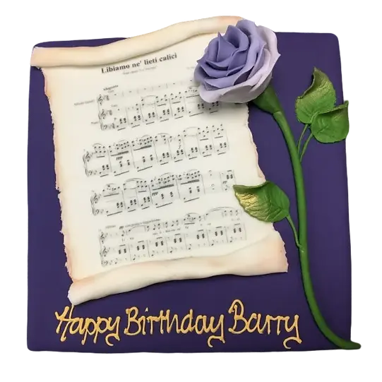 Bespoke cake with edible sheet music and a detailed rose decoration, crafted in Solihull, West Midlands.
