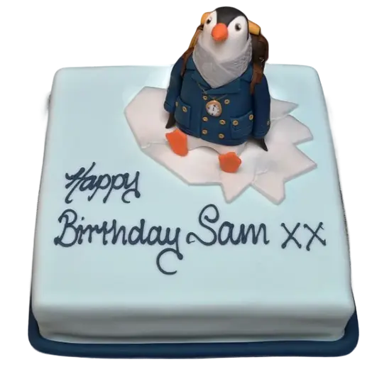 Bespoke British Gas Penguin cake with detailed fondant design, perfect for celebration in Solihull, West Midlands.