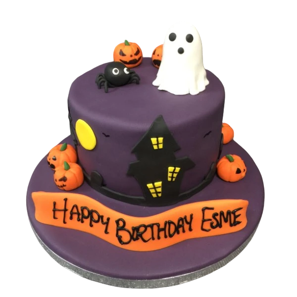 A spooky Halloween themed cake decorated with festive and creepy designs, perfect for a Halloween party or celebration.