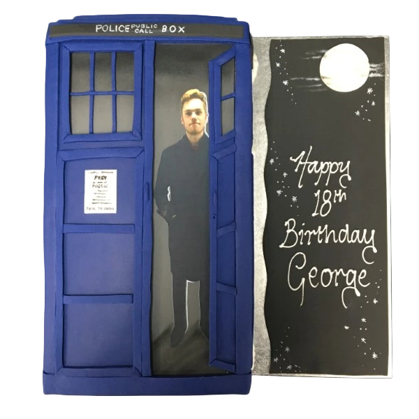 Bespoke Doctor Who TARDIS cake with blue police box design for celebration in Solihull, West Midlands.