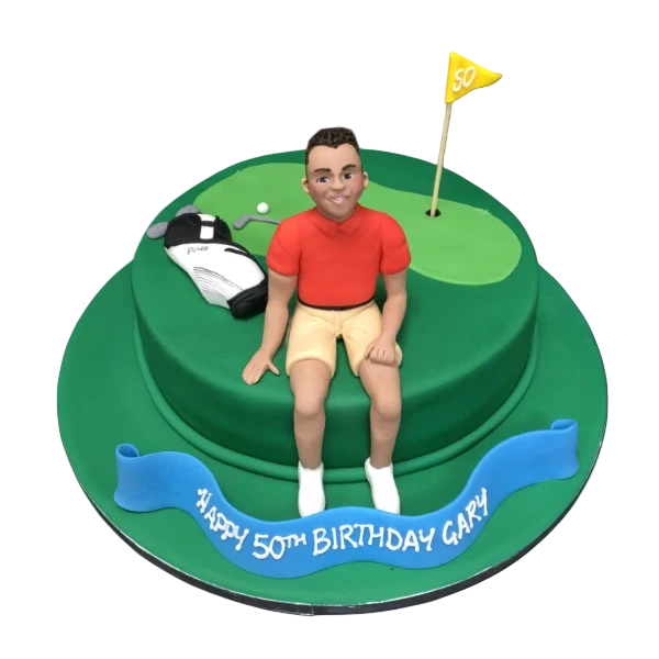 Bespoke golf-themed cake with detailed fondant clubs and green turf design, crafted in Solihull, West Midlands.