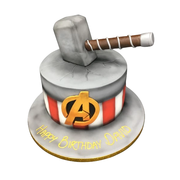 A stunning Avengers themed cake featuring Thor's legendary hammer, Mjölnir, perfect for fans of the Marvel universe. Ideal for birthday parties and celebrations.
