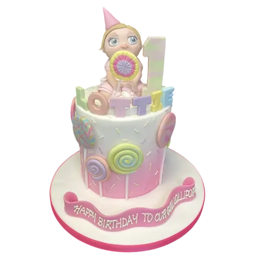 Bespoke cake featuring a girl holding colorful lollipops, decorated with vibrant icing in Solihull, West Midlands.