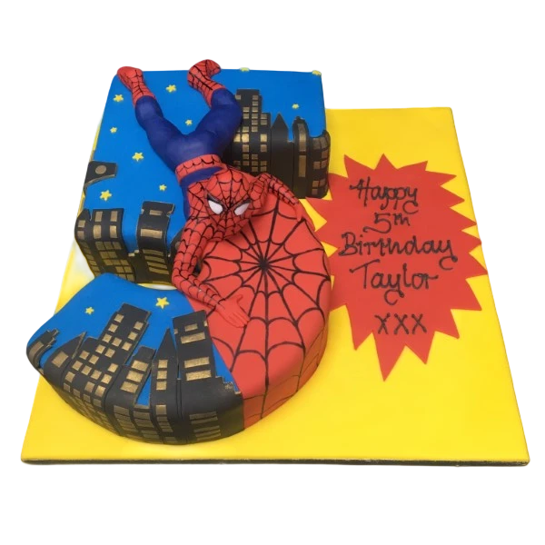 Bespoke Spiderman cake with red and blue web design, featuring a 3D Spiderman figure, Solihull, West Midlands.