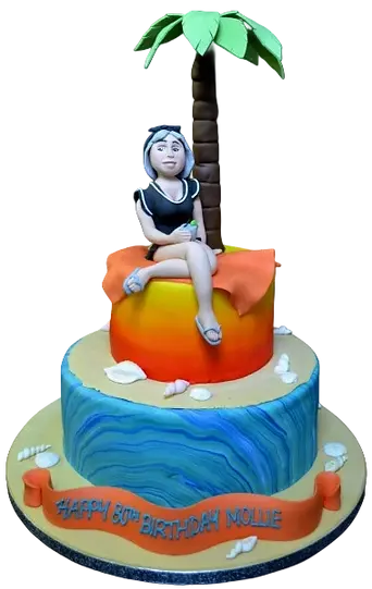 Bespoke Tropical Island cake with palm trees and vibrant fruits, perfect for celebration in Solihull, West Midlands.