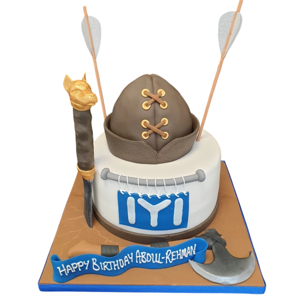 Indulge in a richly decorated Ertugal-themed cake inspired by the Turkish warriors. Perfect for special occasions and celebrations.