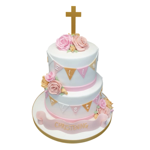 Bespoke bunting-themed christening cake with pastel colors and delicate decorations in Solihull, West Midlands.