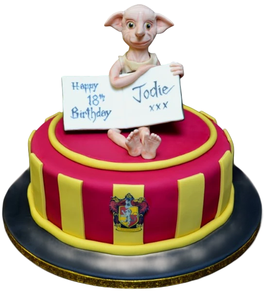 Bespoke round cake featuring a detailed Dobby figure from Harry Potter, crafted in Solihull, West Midlands.