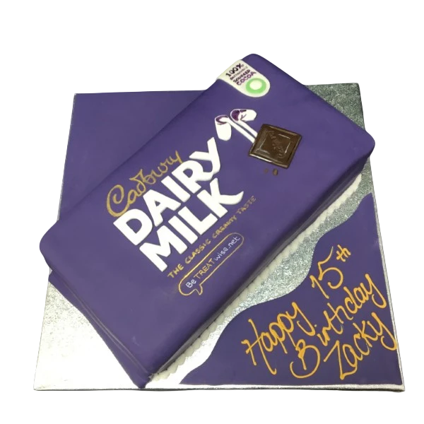 Bespoke Dairy Milk Cadbury celebration cake with purple and silver accents in Solihull, West Midlands.