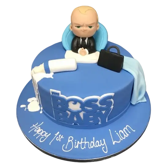 Bespoke Boss Baby cake with vibrant fondant details, featuring a baby in a suit, crafted in Solihull, West Midlands.
