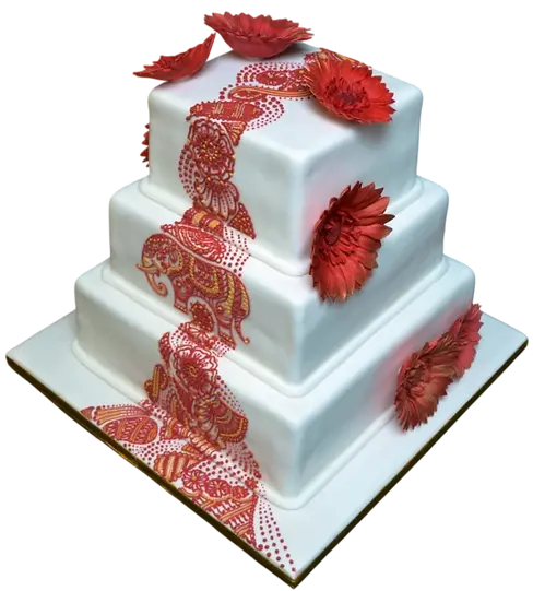 Bespoke Jaipur-themed cake with intricate gold patterns and vibrant colors, crafted in Solihull, West Midlands.