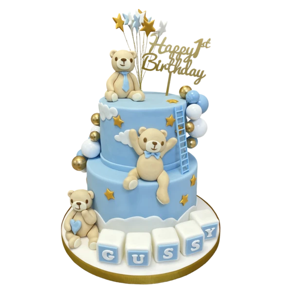 Adorable teddy bear themed cake with cute decorations perfect for birthdays, baby showers, or special occasions. Ideal for animal lovers and kids parties.