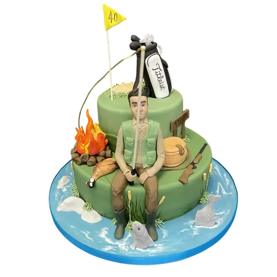 Bespoke cake featuring fishing, hunting, and golf motifs for a celebration in Solihull, West Midlands.