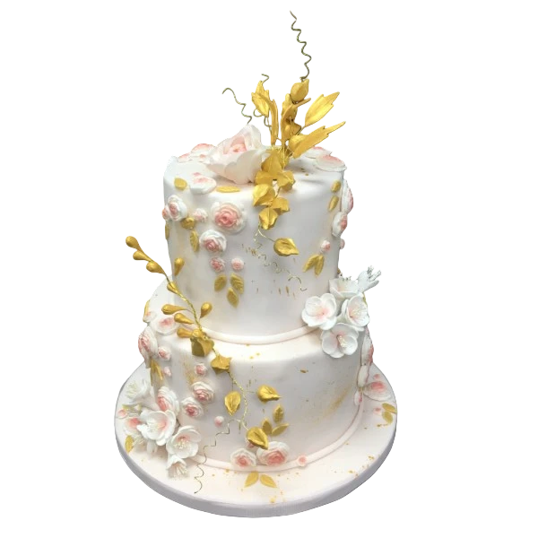 Two-tier wedding cake with blush roses and golden leaves, crafted from sugar paste.
