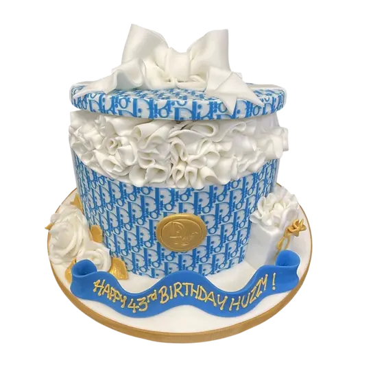 Bespoke cake shaped like a Christian Dior box with intricate logo detailing, in Solihull, West Midlands.