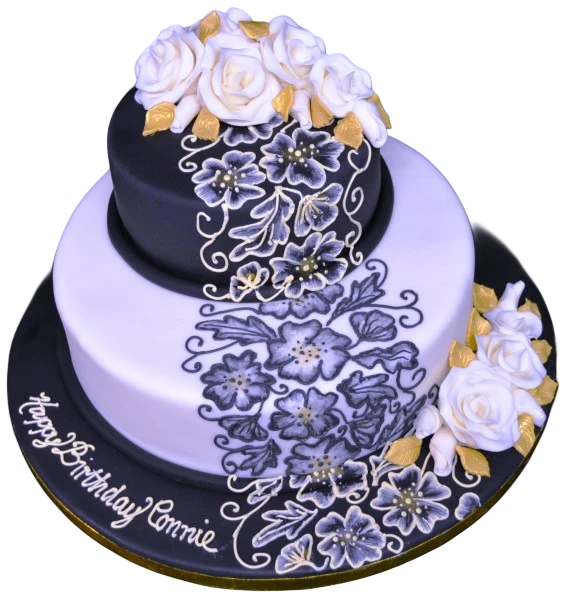 Bespoke formal duo cake with intricate brush embroidery design, crafted in Solihull, West Midlands for celebration.