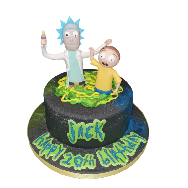 Bespoke Rick and Morty celebration cake with vibrant cartoon characters, crafted in Solihull, West Midlands.