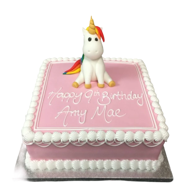 Bespoke unicorn cake with pastel rainbow mane and golden horn, crafted for celebration in Solihull, West Midlands.