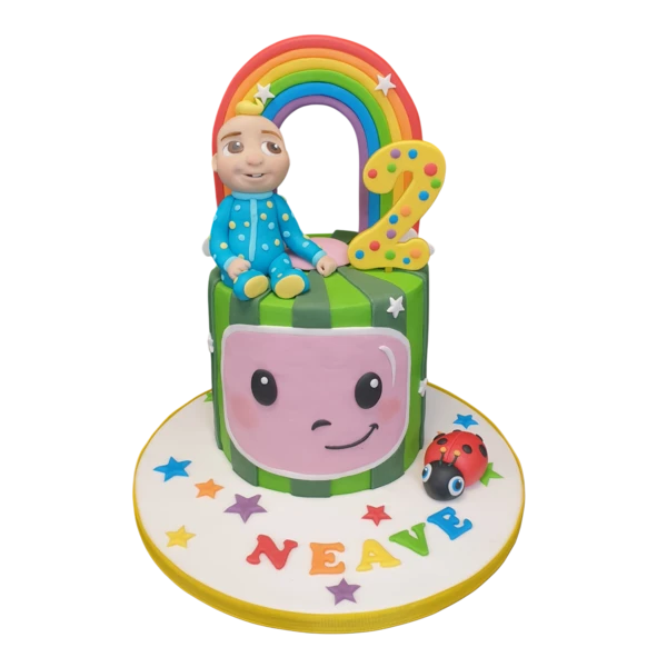 Bespoke CocoMelon-themed cake with colorful characters and musical notes, perfect for a celebration in Solihull, West Midlands.
