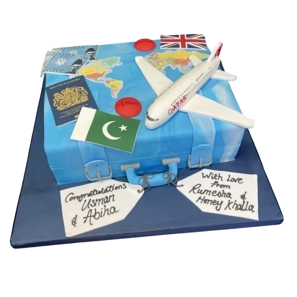Bespoke celebration cake in Solihull, West Midlands shaped as a suitcase with plane, currency, and flags details.