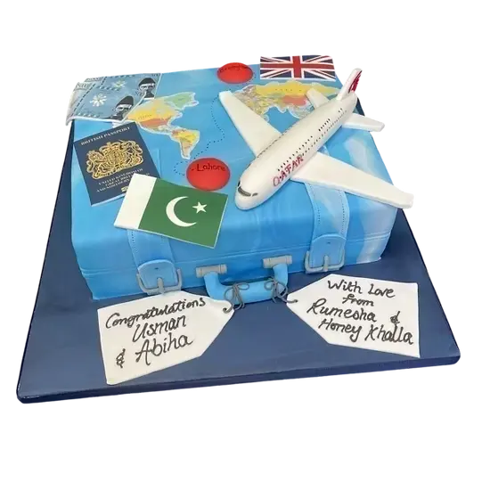 Bespoke celebration cake in Solihull, West Midlands shaped like a suitcase with plane, currency, and flags decorations.