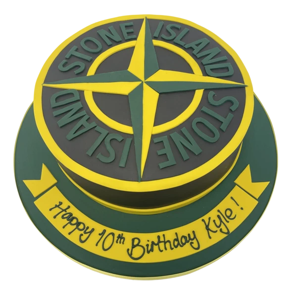 Bespoke cake featuring the Stone Island logo design in green and yellow, crafted for celebration in Solihull, West Midlands.