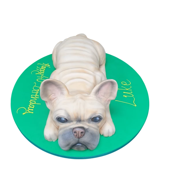 Bespoke cake featuring a detailed French Bulldog figure, perfect for celebration in Solihull, West Midlands.