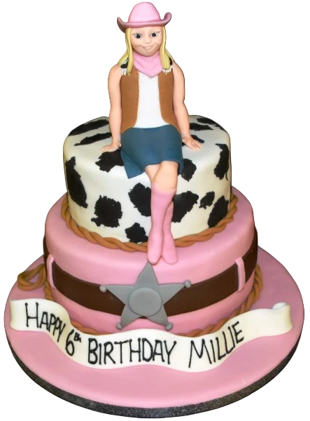 A beautifully decorated cowgirl-themed cake with intricate details, perfect for western-themed parties and celebrations.