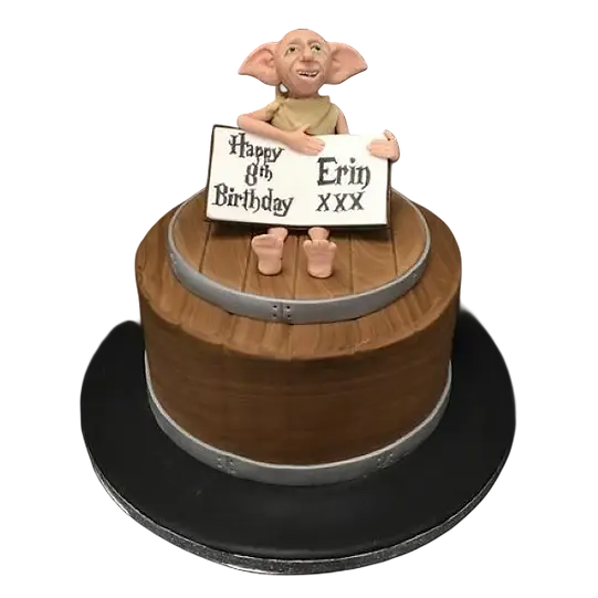 Bespoke Dobby the House Elf celebration cake with detailed fondant figure, crafted in Solihull, West Midlands.