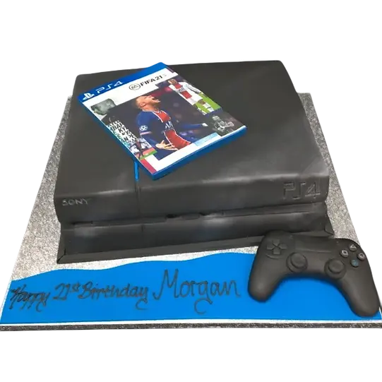 Bespoke PS4 cake with football game design, featuring controller details, crafted in Solihull, West Midlands.