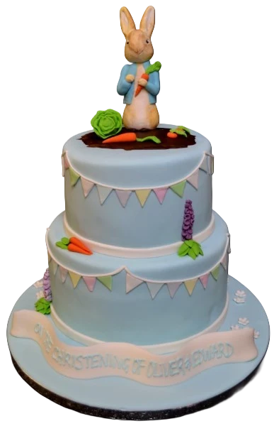 Bespoke deep duo cake featuring Peter Rabbit design with pastel colors, crafted in Solihull, West Midlands celebration.