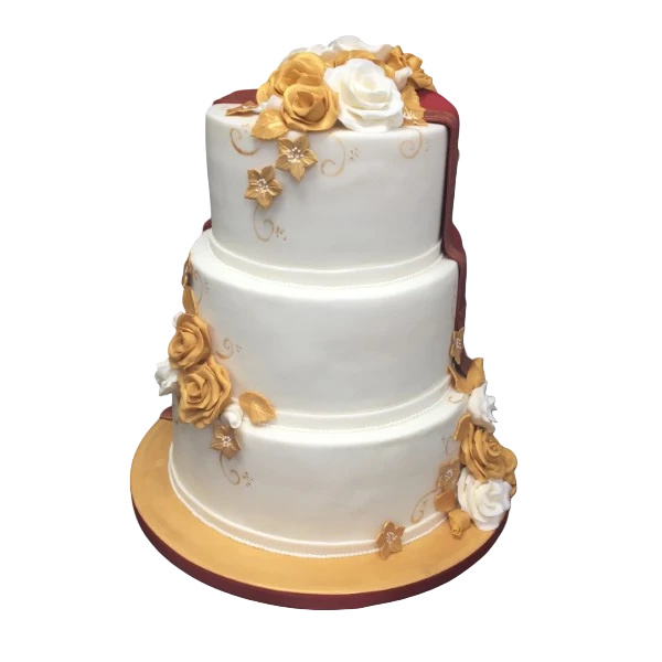Three-tier wedding cake with gold and white sugar paste roses and decorations.